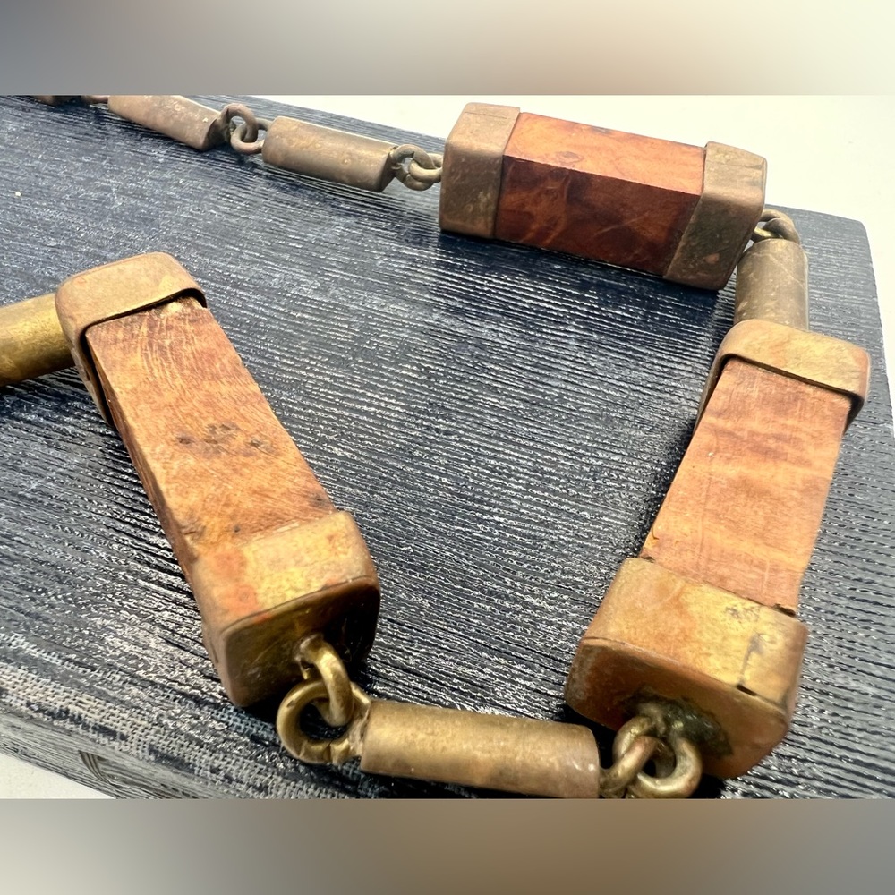 Vintage brutalist TRIKA 16” brass and wood block bead necklace - Picture 8 of 13